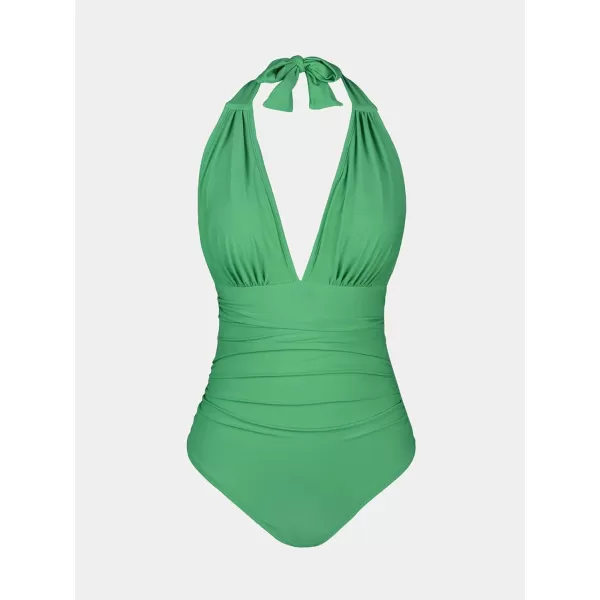 imageCUPSHE Women V Neck One Piece Swimsuit Halter Backless Ruched Tummy Control Bathing SuitBright Green