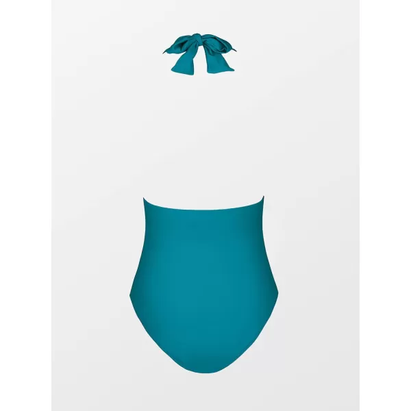 imageCUPSHE Women V Neck One Piece Swimsuit Halter Backless Ruched Tummy Control Bathing SuitCerulean Blue