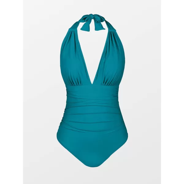 imageCUPSHE Women V Neck One Piece Swimsuit Halter Backless Ruched Tummy Control Bathing SuitCerulean Blue