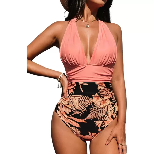 imageCUPSHE Women V Neck One Piece Swimsuit Halter Backless Ruched Tummy Control Bathing SuitCoral Pink