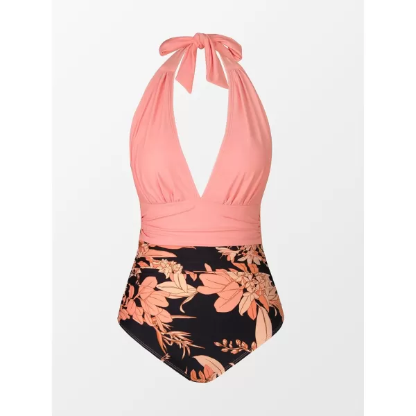imageCUPSHE Women V Neck One Piece Swimsuit Halter Backless Ruched Tummy Control Bathing SuitCoral Pink