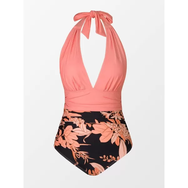 imageCUPSHE Women V Neck One Piece Swimsuit Halter Backless Ruched Tummy Control Bathing SuitCoral Pink