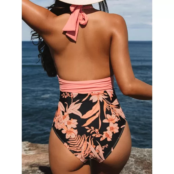 imageCUPSHE Women V Neck One Piece Swimsuit Halter Backless Ruched Tummy Control Bathing SuitCoral Pink