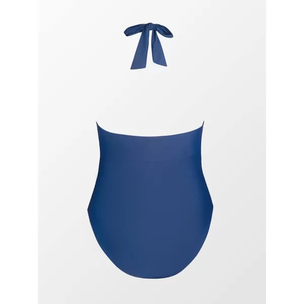imageCUPSHE Women V Neck One Piece Swimsuit Halter Backless Ruched Tummy Control Bathing SuitDark Blue