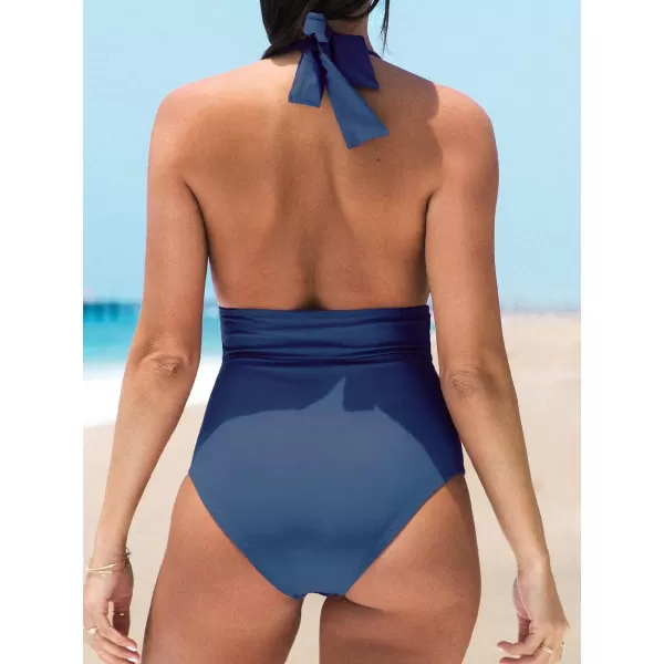 imageCUPSHE Women V Neck One Piece Swimsuit Halter Backless Ruched Tummy Control Bathing SuitDark Blue