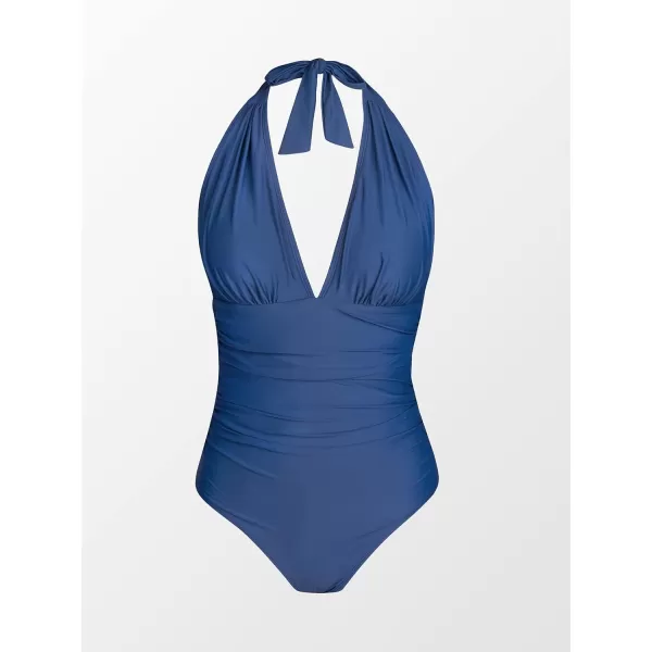 imageCUPSHE Women V Neck One Piece Swimsuit Halter Backless Ruched Tummy Control Bathing SuitDark Blue