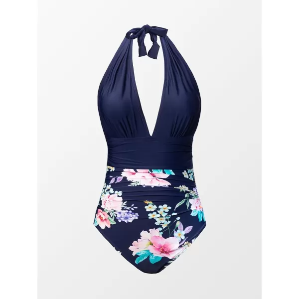 imageCUPSHE Women V Neck One Piece Swimsuit Halter Backless Ruched Tummy Control Bathing SuitDark Blue Floral