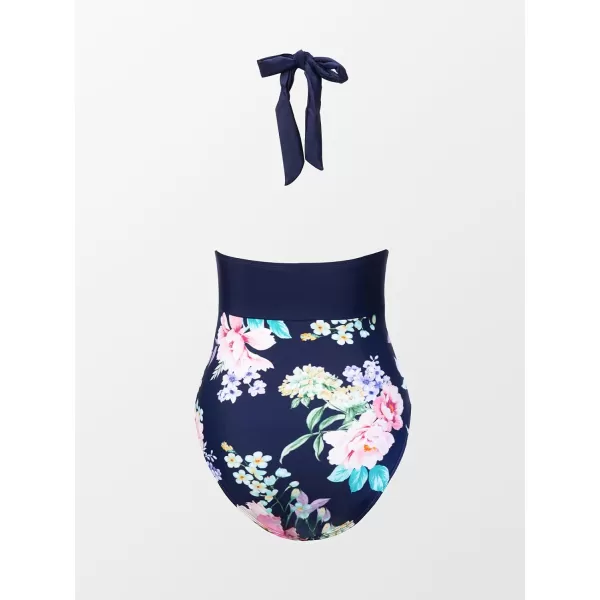 imageCUPSHE Women V Neck One Piece Swimsuit Halter Backless Ruched Tummy Control Bathing SuitDark Blue Floral