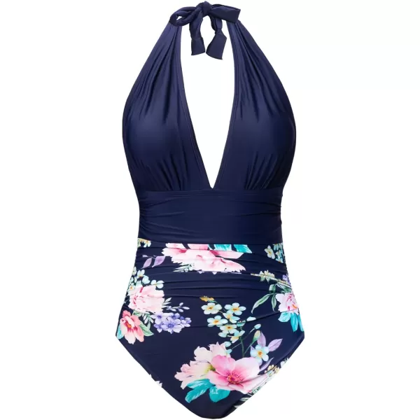 imageCUPSHE Women V Neck One Piece Swimsuit Halter Backless Ruched Tummy Control Bathing SuitDark Blue Floral