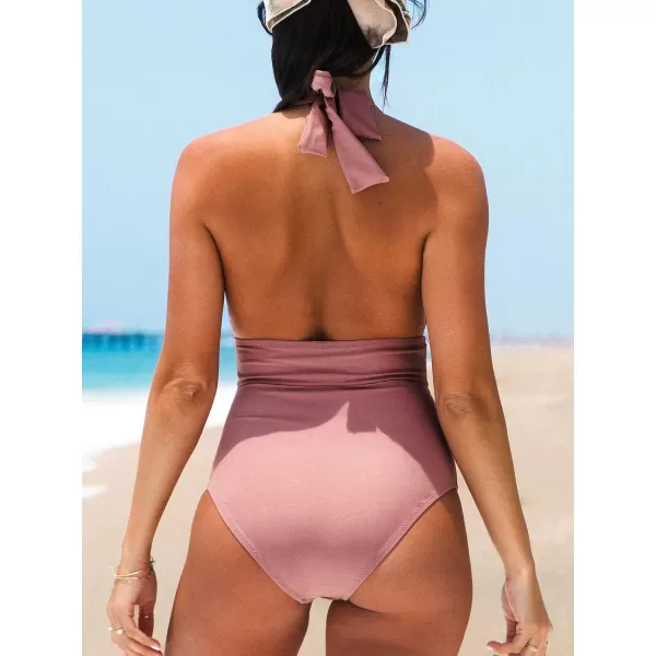 imageCUPSHE Women V Neck One Piece Swimsuit Halter Backless Ruched Tummy Control Bathing SuitDusty Pink