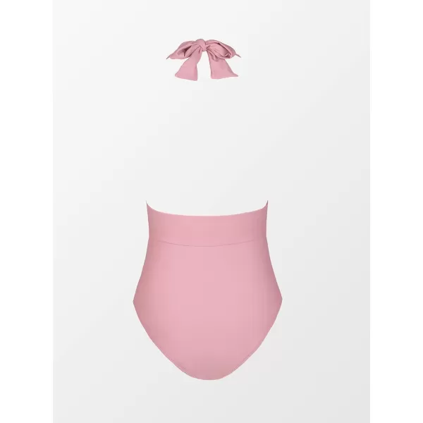 imageCUPSHE Women V Neck One Piece Swimsuit Halter Backless Ruched Tummy Control Bathing SuitDusty Pink