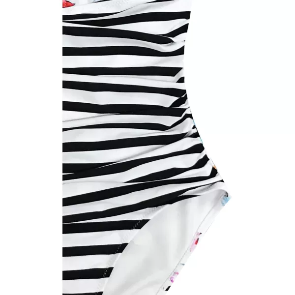imageCUPSHE Women V Neck One Piece Swimsuit Halter Backless Ruched Tummy Control Bathing SuitFloral  Stripe