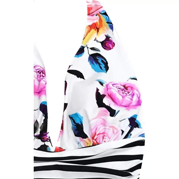 imageCUPSHE Women V Neck One Piece Swimsuit Halter Backless Ruched Tummy Control Bathing SuitFloral  Stripe