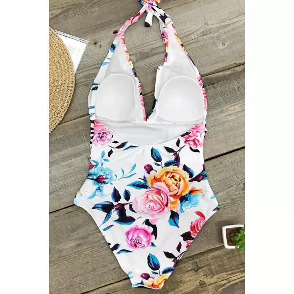 imageCUPSHE Women V Neck One Piece Swimsuit Halter Backless Ruched Tummy Control Bathing SuitFloral  Stripe