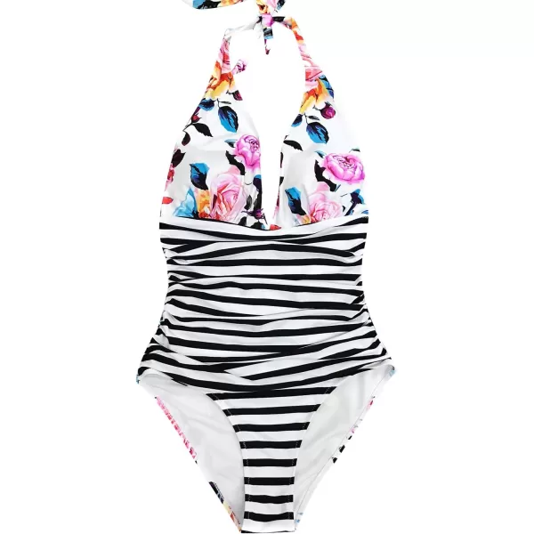imageCUPSHE Women V Neck One Piece Swimsuit Halter Backless Ruched Tummy Control Bathing SuitFloral  Stripe