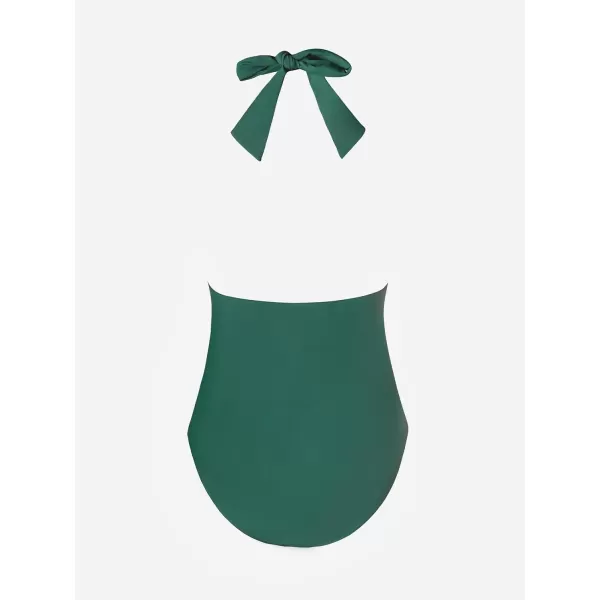 imageCUPSHE Women V Neck One Piece Swimsuit Halter Backless Ruched Tummy Control Bathing SuitForest Green