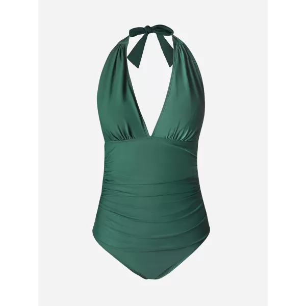 imageCUPSHE Women V Neck One Piece Swimsuit Halter Backless Ruched Tummy Control Bathing SuitForest Green