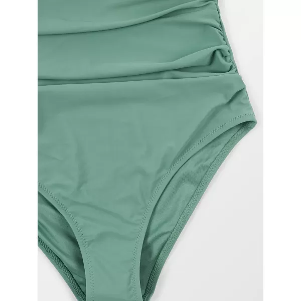 imageCUPSHE Women V Neck One Piece Swimsuit Halter Backless Ruched Tummy Control Bathing SuitGreen