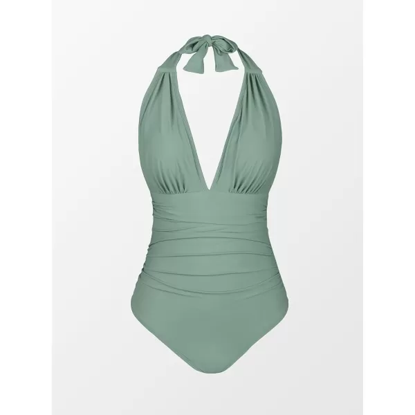 imageCUPSHE Women V Neck One Piece Swimsuit Halter Backless Ruched Tummy Control Bathing SuitGreen