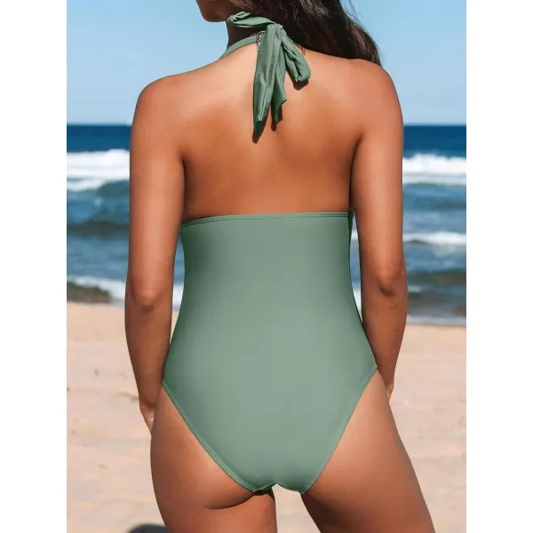 imageCUPSHE Women V Neck One Piece Swimsuit Halter Backless Ruched Tummy Control Bathing SuitGreen
