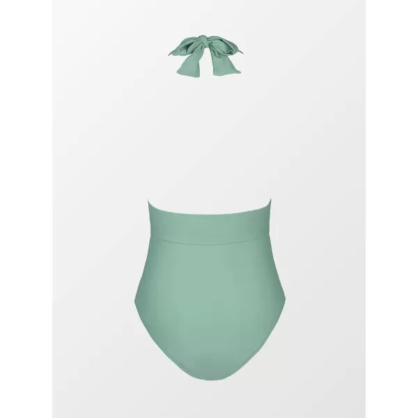 imageCUPSHE Women V Neck One Piece Swimsuit Halter Backless Ruched Tummy Control Bathing SuitGreen
