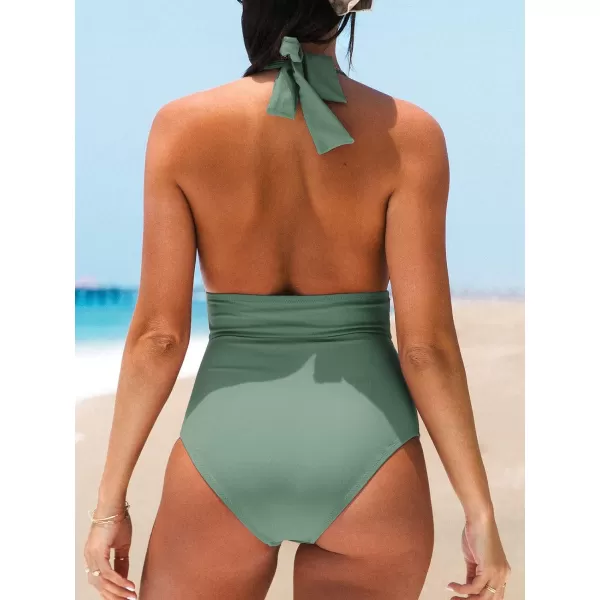 imageCUPSHE Women V Neck One Piece Swimsuit Halter Backless Ruched Tummy Control Bathing SuitGreen