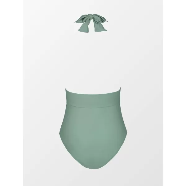 imageCUPSHE Women V Neck One Piece Swimsuit Halter Backless Ruched Tummy Control Bathing SuitGreen