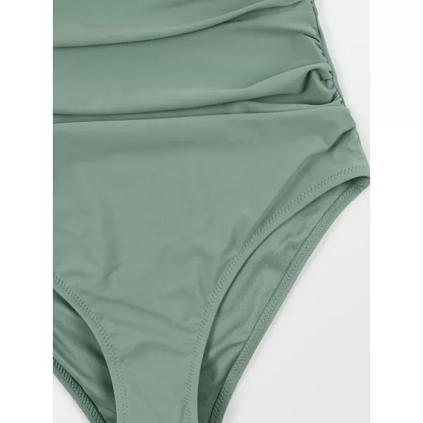 imageCUPSHE Women V Neck One Piece Swimsuit Halter Backless Ruched Tummy Control Bathing SuitGreen