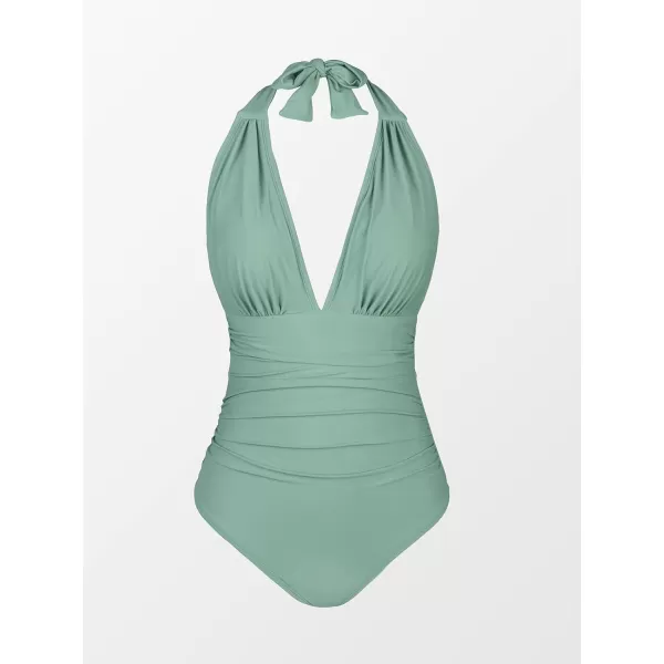 imageCUPSHE Women V Neck One Piece Swimsuit Halter Backless Ruched Tummy Control Bathing SuitGreen