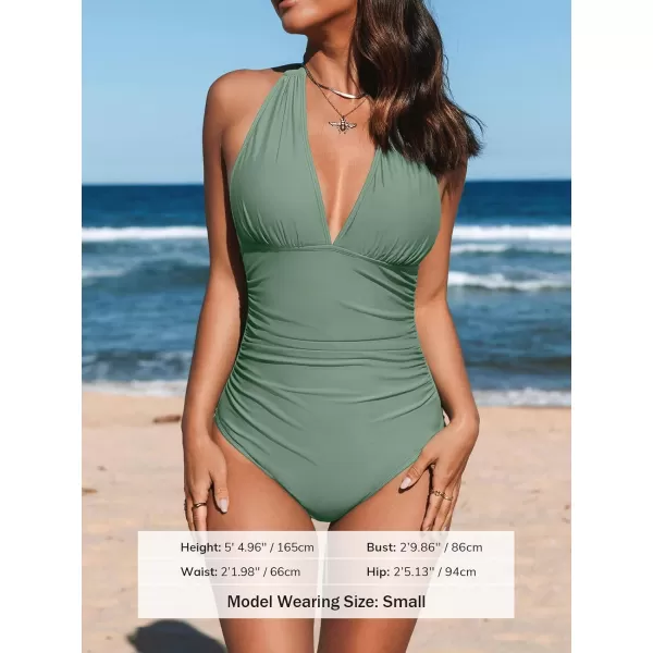 imageCUPSHE Women V Neck One Piece Swimsuit Halter Backless Ruched Tummy Control Bathing SuitGreen