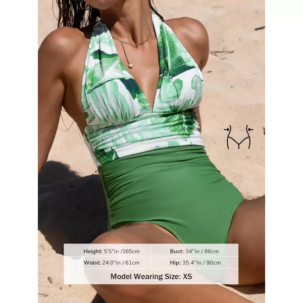imageCUPSHE Women V Neck One Piece Swimsuit Halter Backless Ruched Tummy Control Bathing SuitGreenTropical