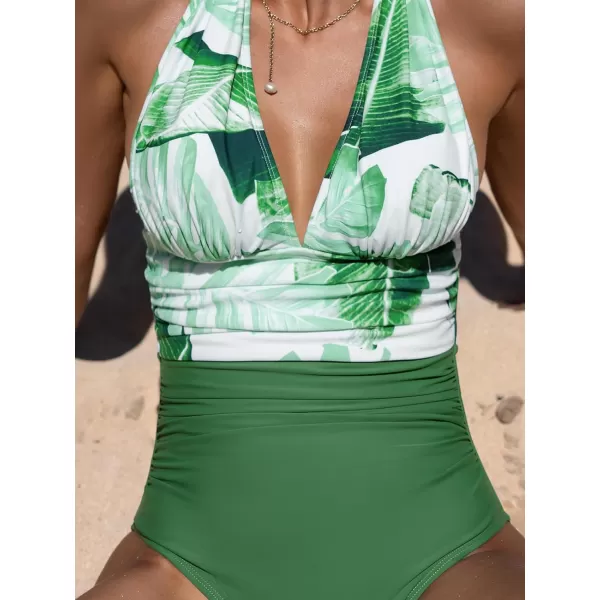imageCUPSHE Women V Neck One Piece Swimsuit Halter Backless Ruched Tummy Control Bathing SuitGreenTropical