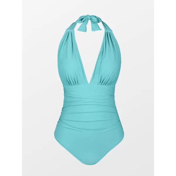 imageCUPSHE Women V Neck One Piece Swimsuit Halter Backless Ruched Tummy Control Bathing SuitLake Blue