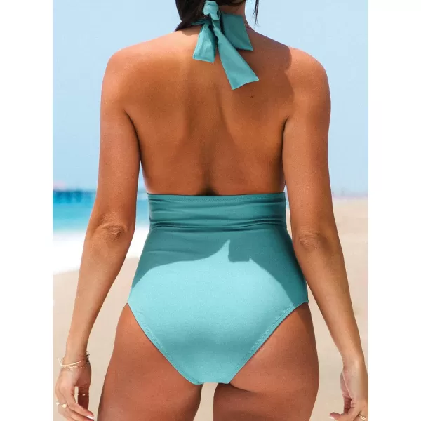 imageCUPSHE Women V Neck One Piece Swimsuit Halter Backless Ruched Tummy Control Bathing SuitLake Blue