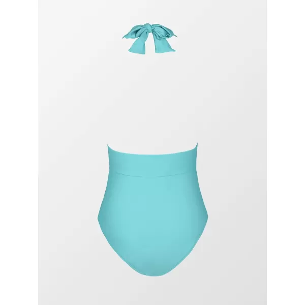 imageCUPSHE Women V Neck One Piece Swimsuit Halter Backless Ruched Tummy Control Bathing SuitLake Blue