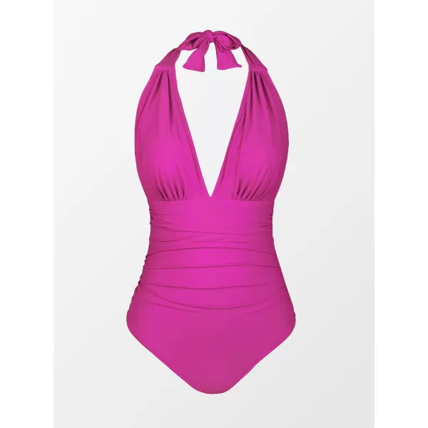 imageCUPSHE Women V Neck One Piece Swimsuit Halter Backless Ruched Tummy Control Bathing SuitMagenta