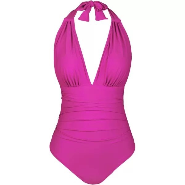 imageCUPSHE Women V Neck One Piece Swimsuit Halter Backless Ruched Tummy Control Bathing SuitMagenta