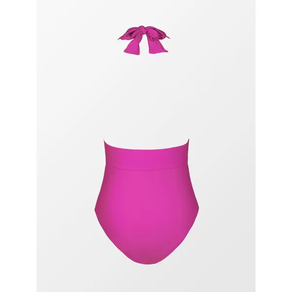 imageCUPSHE Women V Neck One Piece Swimsuit Halter Backless Ruched Tummy Control Bathing SuitMagenta