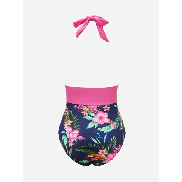 imageCUPSHE Women V Neck One Piece Swimsuit Halter Backless Ruched Tummy Control Bathing SuitMagenta Floral