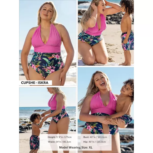 imageCUPSHE Women V Neck One Piece Swimsuit Halter Backless Ruched Tummy Control Bathing SuitMagenta Floral