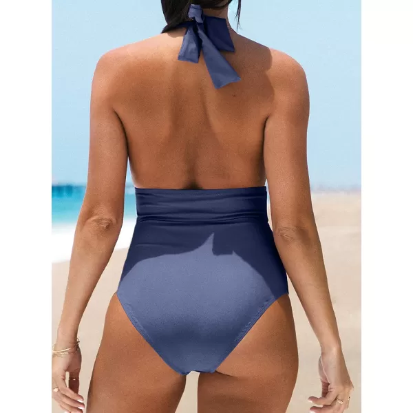 imageCUPSHE Women V Neck One Piece Swimsuit Halter Backless Ruched Tummy Control Bathing SuitMarine Blue