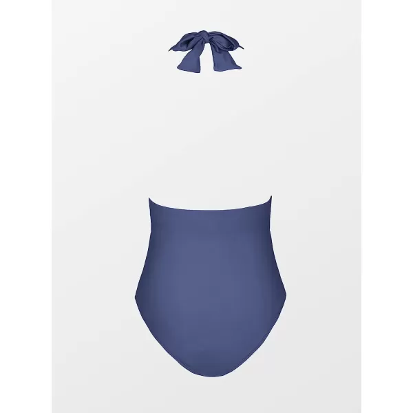 imageCUPSHE Women V Neck One Piece Swimsuit Halter Backless Ruched Tummy Control Bathing SuitMarine Blue