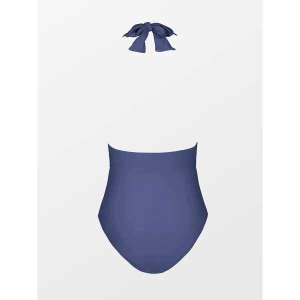 imageCUPSHE Women V Neck One Piece Swimsuit Halter Backless Ruched Tummy Control Bathing SuitMarine Blue