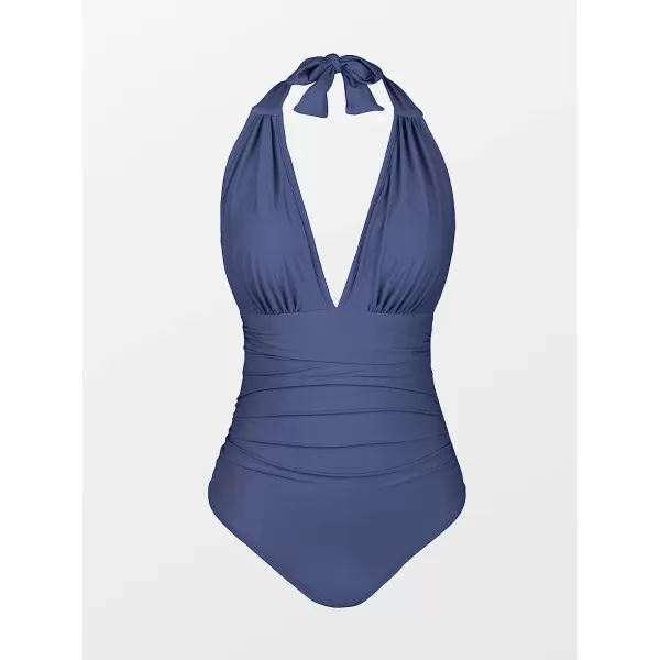 imageCUPSHE Women V Neck One Piece Swimsuit Halter Backless Ruched Tummy Control Bathing SuitMarine Blue