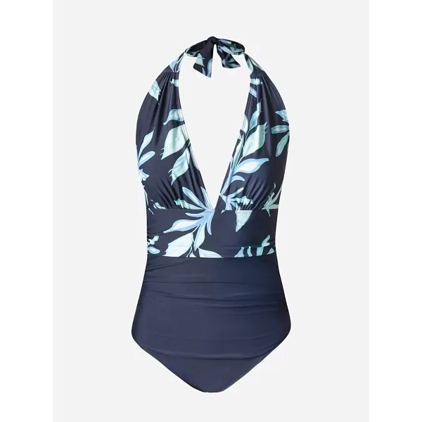 imageCUPSHE Women V Neck One Piece Swimsuit Halter Backless Ruched Tummy Control Bathing SuitNavy  Floral