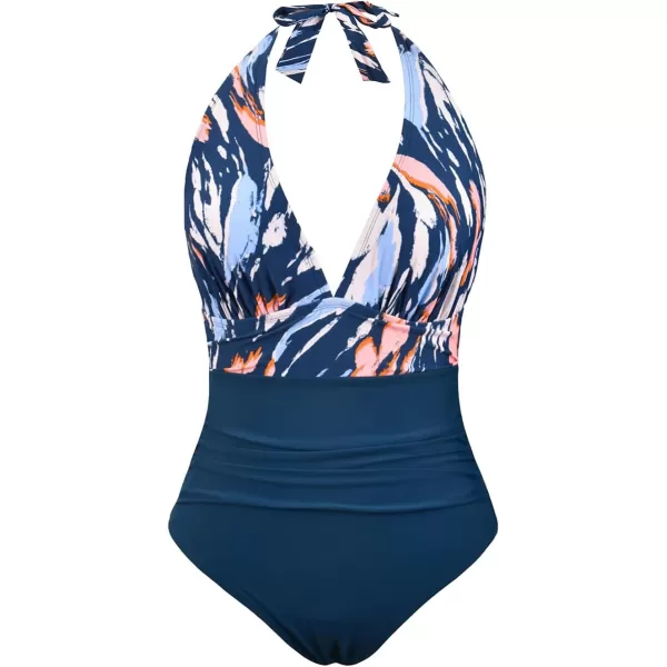 imageCUPSHE Women V Neck One Piece Swimsuit Halter Backless Ruched Tummy Control Bathing SuitNavy BlueGraffiti