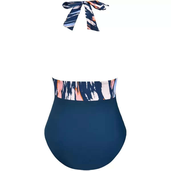 imageCUPSHE Women V Neck One Piece Swimsuit Halter Backless Ruched Tummy Control Bathing SuitNavy BlueGraffiti