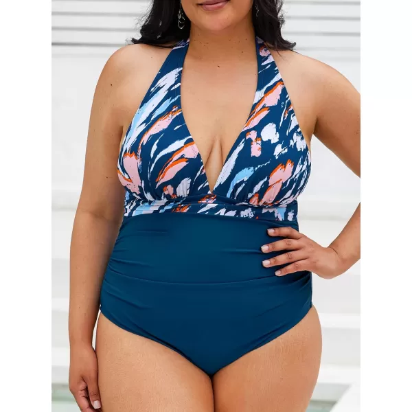 imageCUPSHE Women V Neck One Piece Swimsuit Halter Backless Ruched Tummy Control Bathing SuitNavy BlueGraffiti