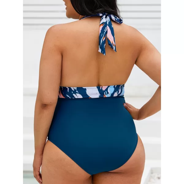 imageCUPSHE Women V Neck One Piece Swimsuit Halter Backless Ruched Tummy Control Bathing SuitNavy BlueGraffiti