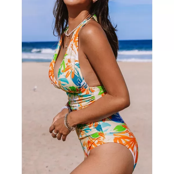 imageCUPSHE Women V Neck One Piece Swimsuit Halter Backless Ruched Tummy Control Bathing SuitOrangeGreenTropical
